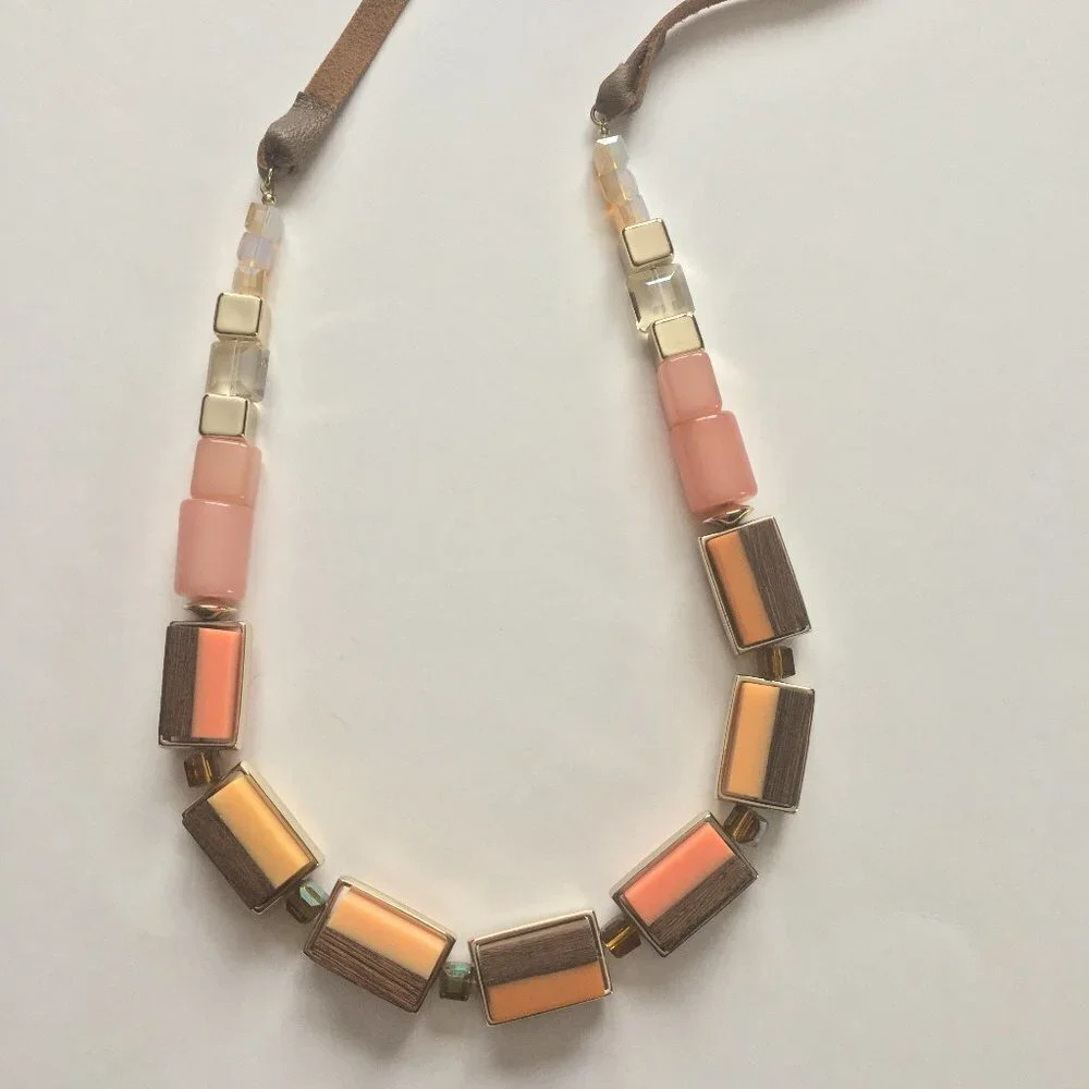 Necklace with beads and leather, pink, pastels and neutral tones